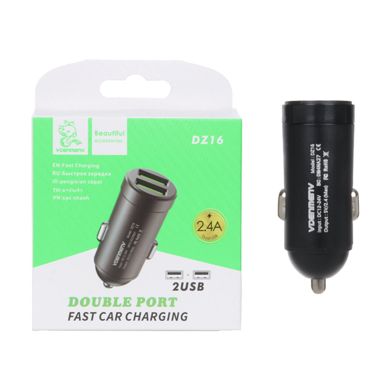 شارژر فندکی 12W فست دو پورت DENMEN مدل DZ16